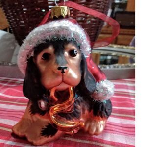 Dog Christmas Ornament Hat Bow Blown Glass